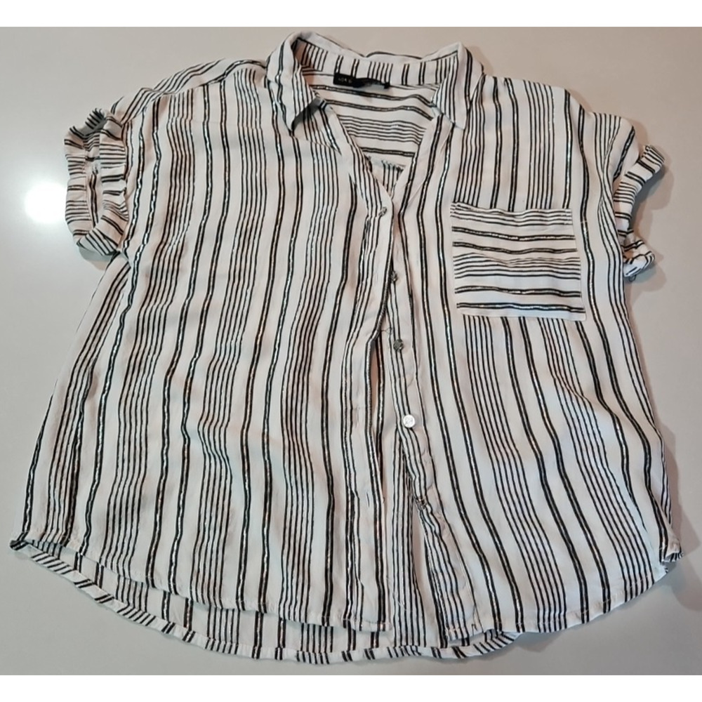 Adrienne Vittadini Blouse Womens Small White Stripe Roll Tab 3/4 Sleeve